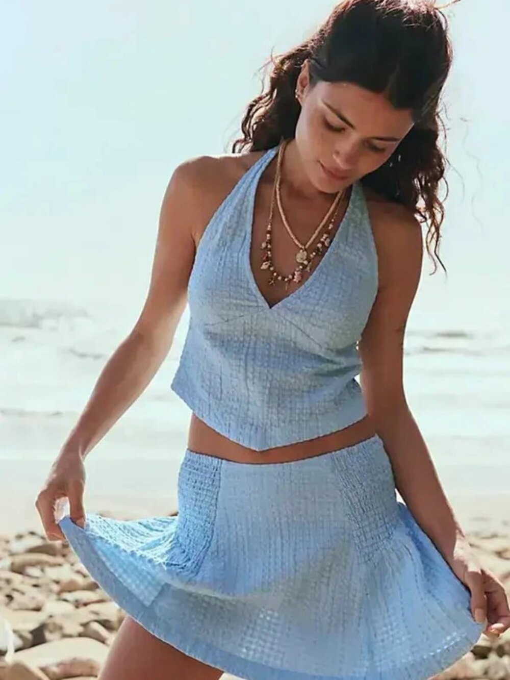 Free People Drew Gingham Skirt Set Halter Smocked Pull On Top S
